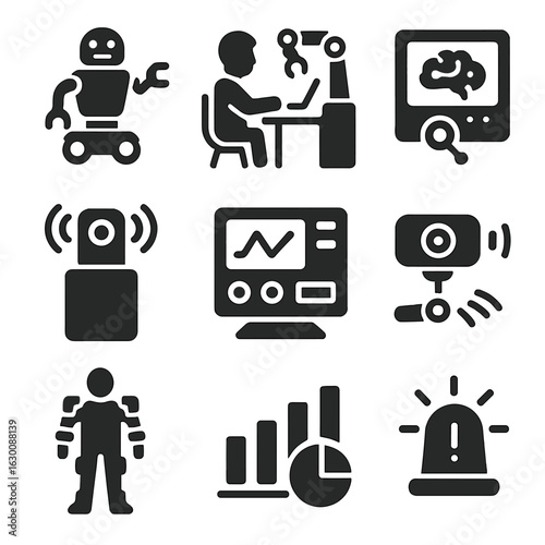 Robotics Icon Set. Solid, filled icons set of robotics in collaborative environments: robotic assistant, human
