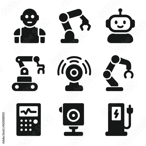 Robotics Icons Grid. Solid, filled icons set of robotics co-workers: humanoid robot, robotic arm, AI assistant