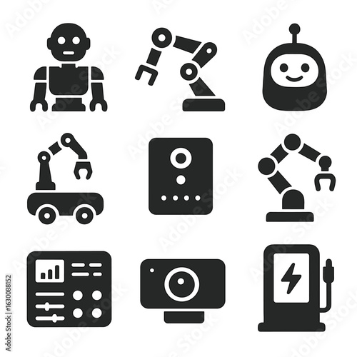 Robotics Icons Grid. Solid, filled icons set of robotics co-workers: humanoid robot, robotic arm, AI assistant