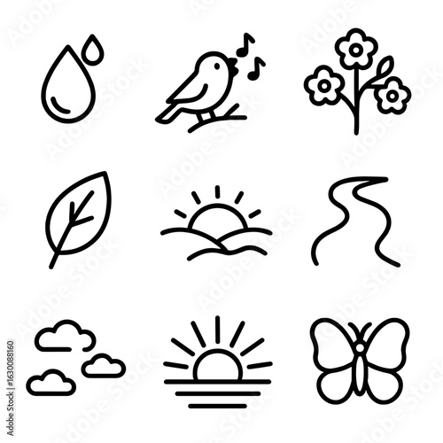 Nature Awakening Icons. Outline icon set of awakening nature: morning dew, chirping bird, blooming tree, fresh leaf, sunrise over