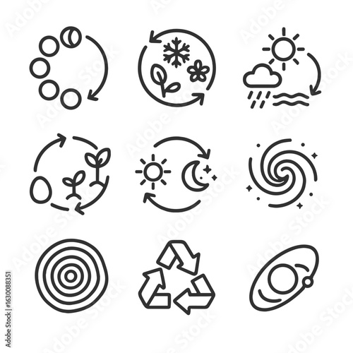 Nature Cycles Icons. Outline icon set of cyclic nature: moon phases, seasons cycle, water cycle, life cycle, day-night cycle,