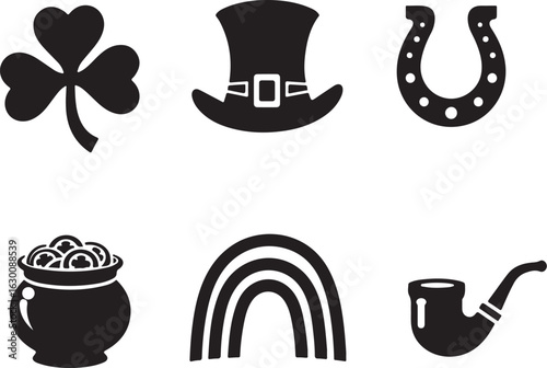 Lucky St Patrick's Day icons shamrock pot gold rainbow horseshoe pipe