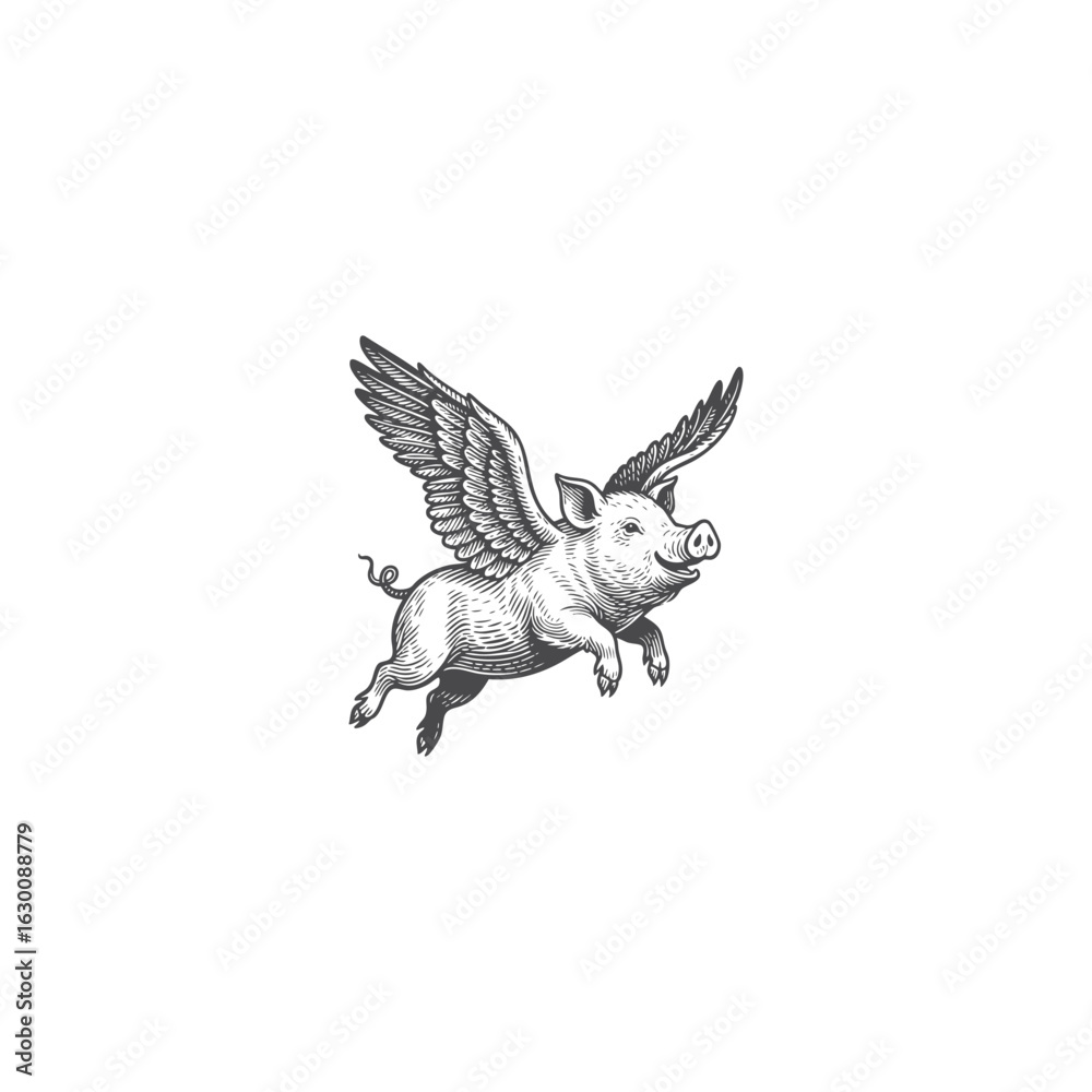 Obraz premium Vintage engraving of a flying pig with large feathered wings