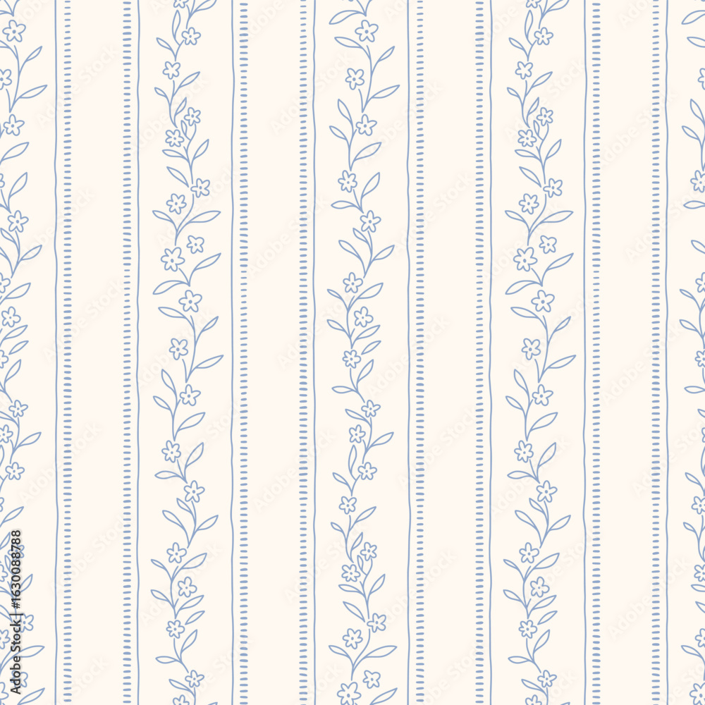 Fototapeta premium Hand drawn regency striped seamless pattern with a charming whimsical cottage core design. Soft blue, pastel, and nostalgic trellis print. Perfect for textiles and romantic vintage-inspired decor.