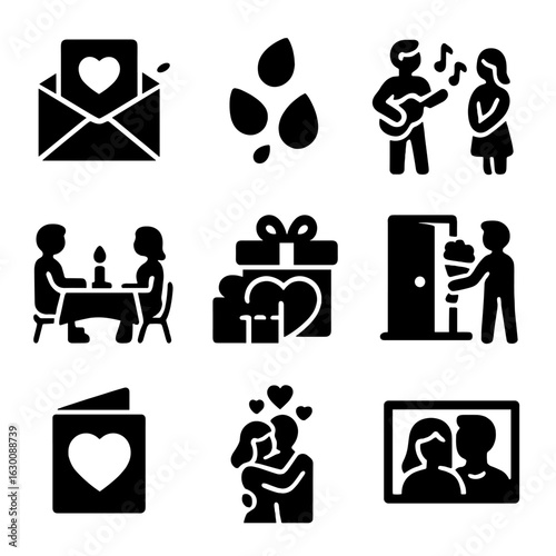 Romantic Gesture Icons. Solid, filled icons set of romantic gestures: love notes, rose petals, serenade,