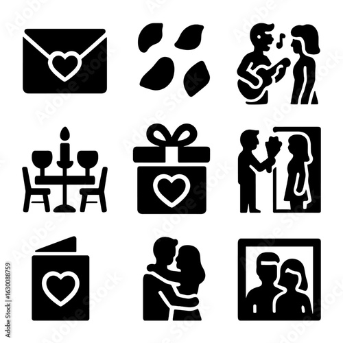 Romantic Gesture Icons. Solid, filled icons set of romantic gestures: love notes, rose petals, serenade,