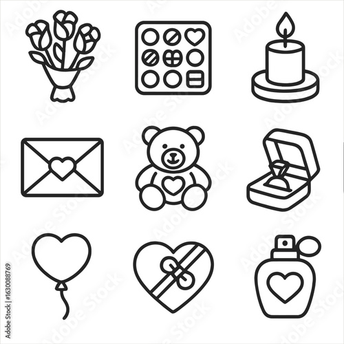 Romantic Gesture Icons. Outline icon set of romantic gestures: bouquet, chocolates, candle, love letter, teddy