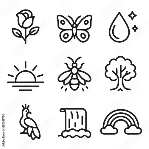 Nature Icon Grid. Outline icon set of glorious nature: blooming rose, radiant butterfly, sparkling dewdrop, golden sunrise,