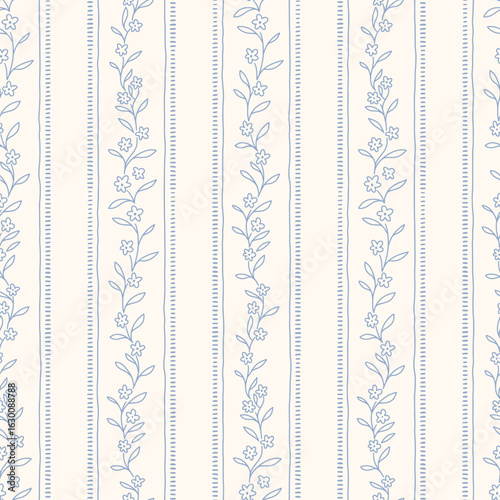 Hand drawn regency striped seamless pattern with a charming whimsical cottage core design. Soft blue, pastel, and nostalgic trellis print. Perfect for textiles and romantic vintage-inspired decor.