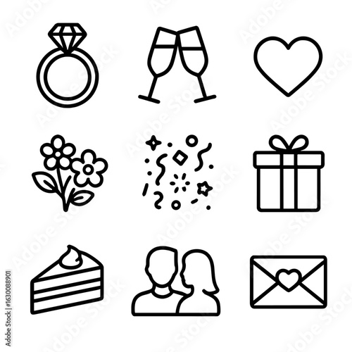 Romantic Party Icons. Outline icon set of romantic party elements: engagement ring, champagne flutes, heart
