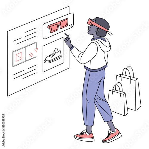 Vector art of woman using virtual reality headset for online shopping isolated on white background