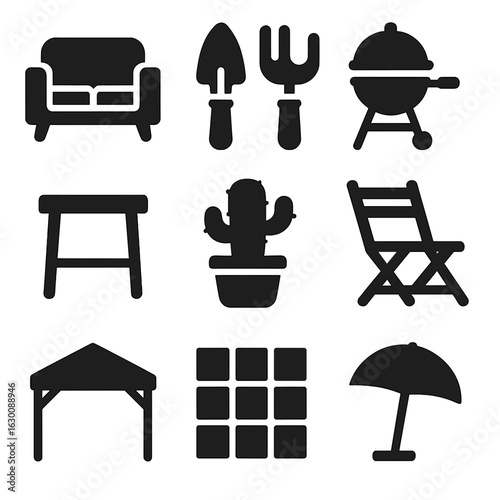 Rooftop Essentials Icons. Solid, filled icons set of rooftop furniture and tools: lounge sofa, garden toolset,