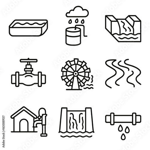 Rural Water Icons. Outline icon set of rural water management: trough, rainwater collector, channel, gate