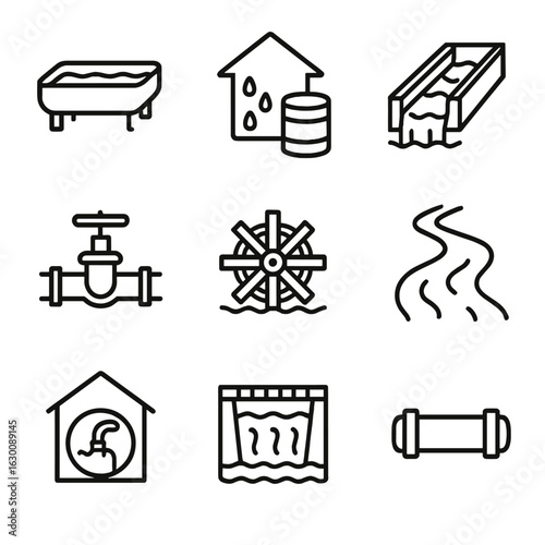 Rural Water Icons. Outline icon set of rural water management: trough, rainwater collector, channel, gate