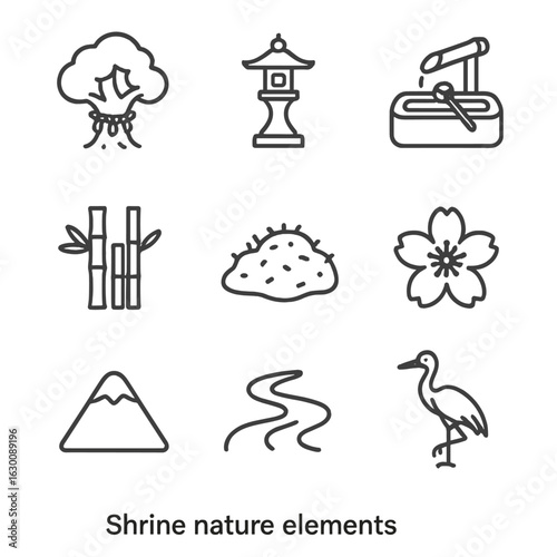 Nature Shrine Icons. Outline icon set of shrine nature elements: sacred tree, stone lantern, water basin, bamboo, moss, cherry