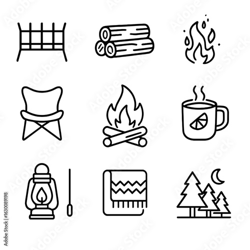 Rustic Fire Pit Icons. Outline icon set of rustic fire pit scene: iron fire grate, wood logs, fire sparks,