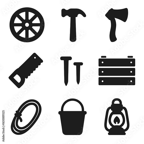 Rustic Tools Icons. Solid, filled icons set of rustic tools: wagon wheel, hammer, axe, saw, nails, wooden