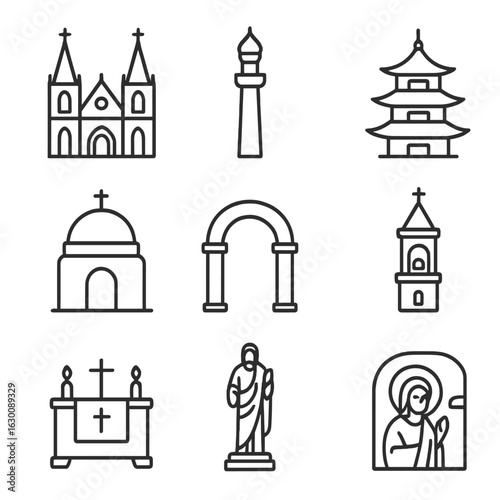 Sacred Architecture Icons. Outline icon set of sacred architecture elements: cathedral, minaret, pagoda, dome,