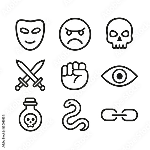 Enemy Psychology Icons. Outline icon set of enemy psychology: mask, angry face, skull, crossed swords, clenched fist, evil eye,