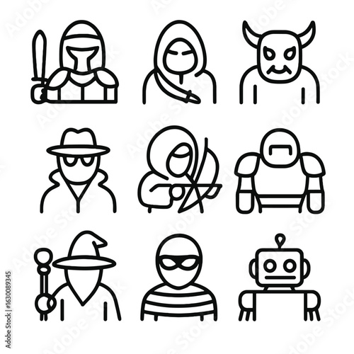 Enemy Icon Set. Outline icon set of enemy characters: warrior, assassin, monster, spy, archer, tank, sorcerer, thief, robot. Line