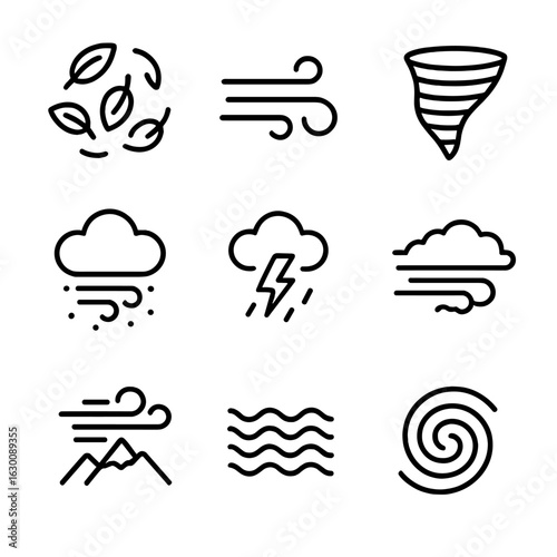 Nature Turbulence Icon Set. Outline icon set of turbulence in nature: swirling leaves, gusty wind, tornado funnel, dust storm,