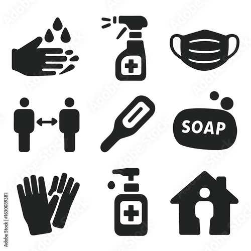 Safety Icon Grid. Solid, filled icons set of safety and hygiene practices: hand washing, disinfectant spray,