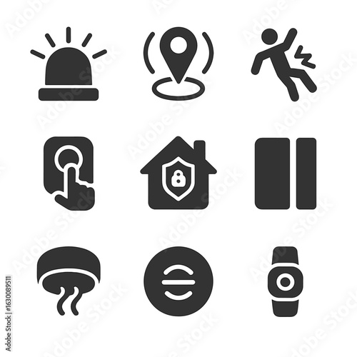Safety Tech Icons. Solid, filled icons set of Safety and emergency technology: emergency alarm, GPS tracker,