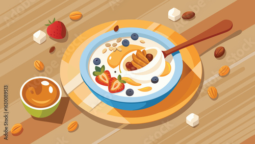 A bowl of yogurt with strawberries blueberries and honey on a wooden table with a cup of sauce