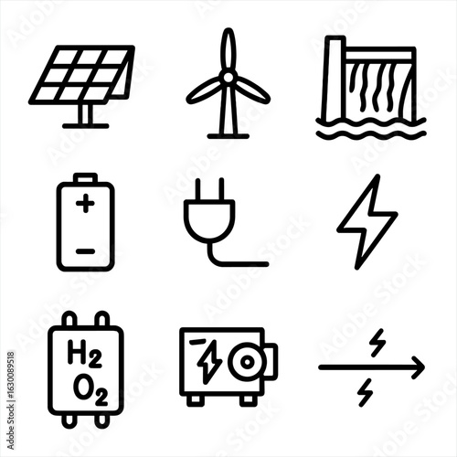 Energy Icon Set. Outline icon set of energy transformation: solar panel, wind turbine, hydroelectric dam, battery, power plug,