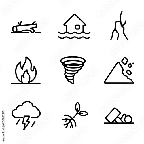 Nature's Chaos Icons. Outline icon set of disorder in nature: fallen tree, flood, earthquake cracks, wildfire, tornado, landslide,