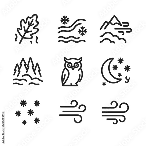 Nature's Chilly Icons. Outline icon set of shiver in nature: autumn leaf, cold river, mountain breeze, fog, dark forest, owl,