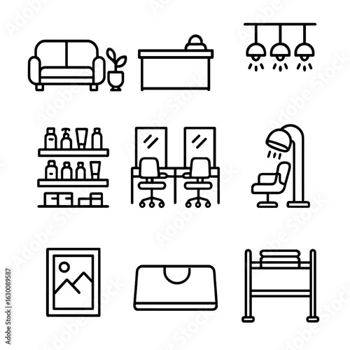 Salon Icon Set. Outline icon set of salon interior design: waiting area, reception desk, lighting fixtures,