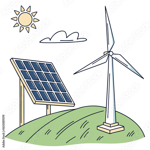 Illustration of solar panel and wind turbine on a hill isolated on white background