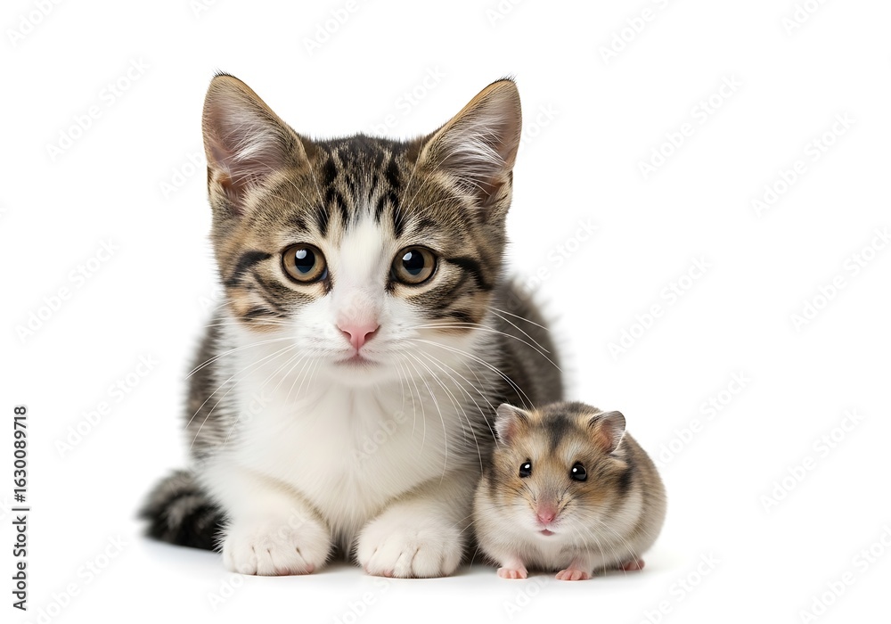 Obraz premium Illustration of cute kitten and hamster sitting together isolated on white background