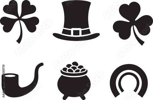 St Patrick's Day icons: clover, hat, pipe, pot, rainbow