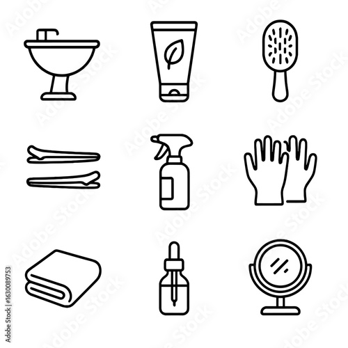 Salon Haircare Icon Set. Outline icon set of salon hair care: shampoo bowl, conditioner, hairbrush, hair clips