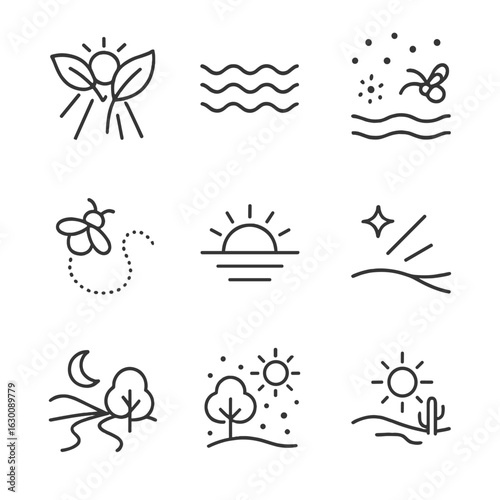 Nature's Light Icons. Outline icon set of light in nature: sunbeam through leaves, water reflection, bioluminescent plankton,
