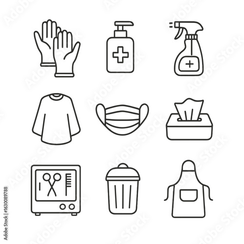 Salon Hygiene Icon Set. Outline icon set of salon hygiene and safety: gloves, sanitizer, disinfectant spray,