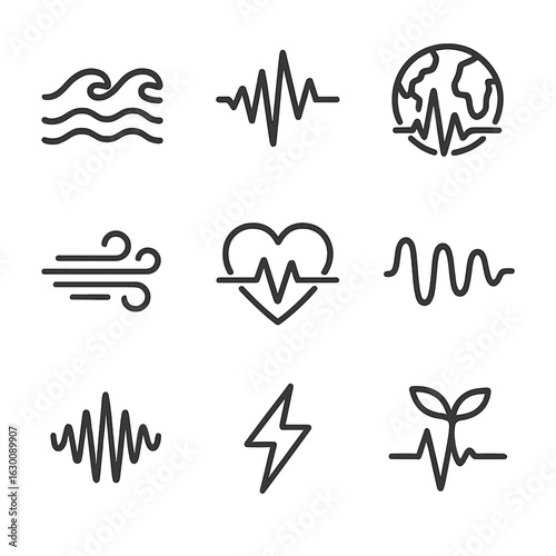 Nature's Rhythm Icons. Outline icon set of pulse in nature: ocean waves, seismic waves, heartbeat of Earth, wind vibration, animal