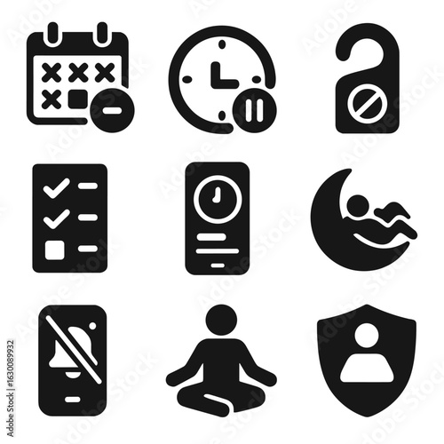 Scheduling Boundaries Icons. Solid, filled icons set of setting personal boundaries to avoid over-scheduling: