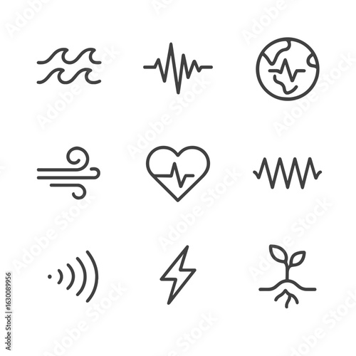 Nature's Rhythm Icons. Outline icon set of pulse in nature: ocean waves, seismic waves, heartbeat of Earth, wind vibration, animal