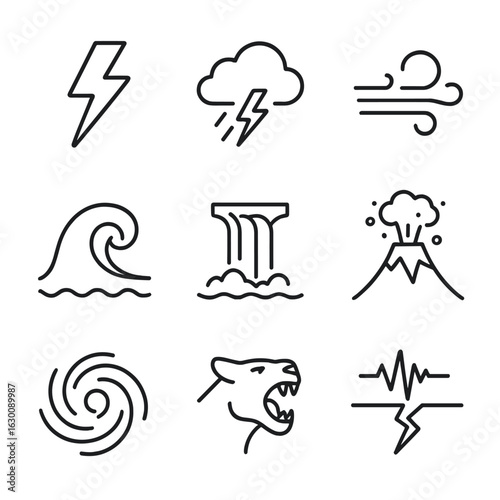Nature's Roar Icons. Outline icon set of roar in nature: thunder, storm, wind, wave crashing, waterfall, volcanic eruption,