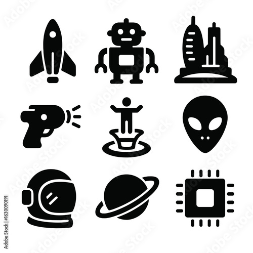 Sci-Fi Icon Grid. Solid, filled icons set of Science fiction book adaptations: spaceship, robot, futuristic