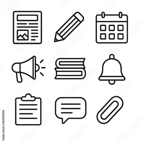 School Icon Set. Outline icon set of school newsletter features: newsletter, pencil, calendar, megaphone,