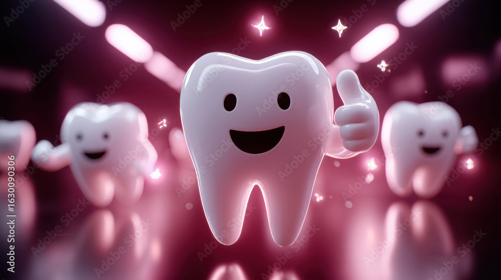 Fototapeta premium Cheerful cartoon tooth giving a thumbs-up, symbolizing dental health and care in a vibrant, playful 3D style.
