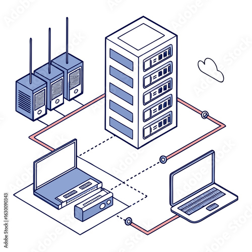 Vector art of isometric illustration of server network with computers isolated on white background