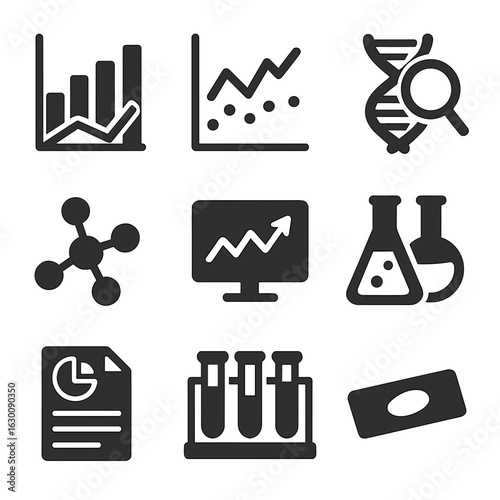 Scientific Icons Grid. Solid, filled icons set of scientific data and analysis: charts, graphs, DNA analysis,