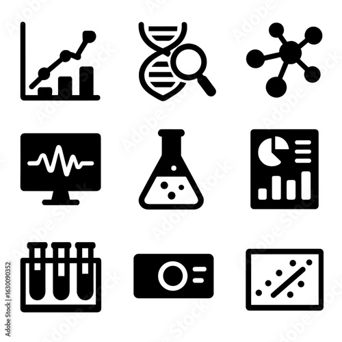 Scientific Icons Grid. Solid, filled icons set of scientific data and analysis: charts, graphs, DNA analysis,