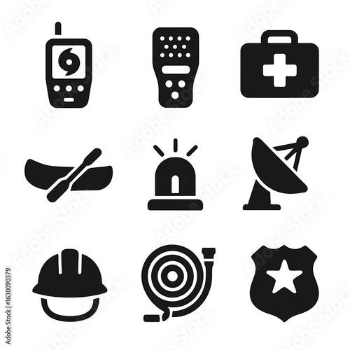 Scientific Response Icons. Solid, filled icons set of Scientific tools for disaster response: storm tracker,