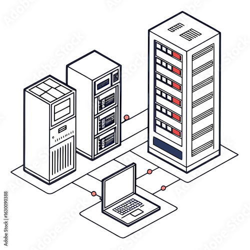 Vector art of isometric illustration of server room with laptop isolated on white background